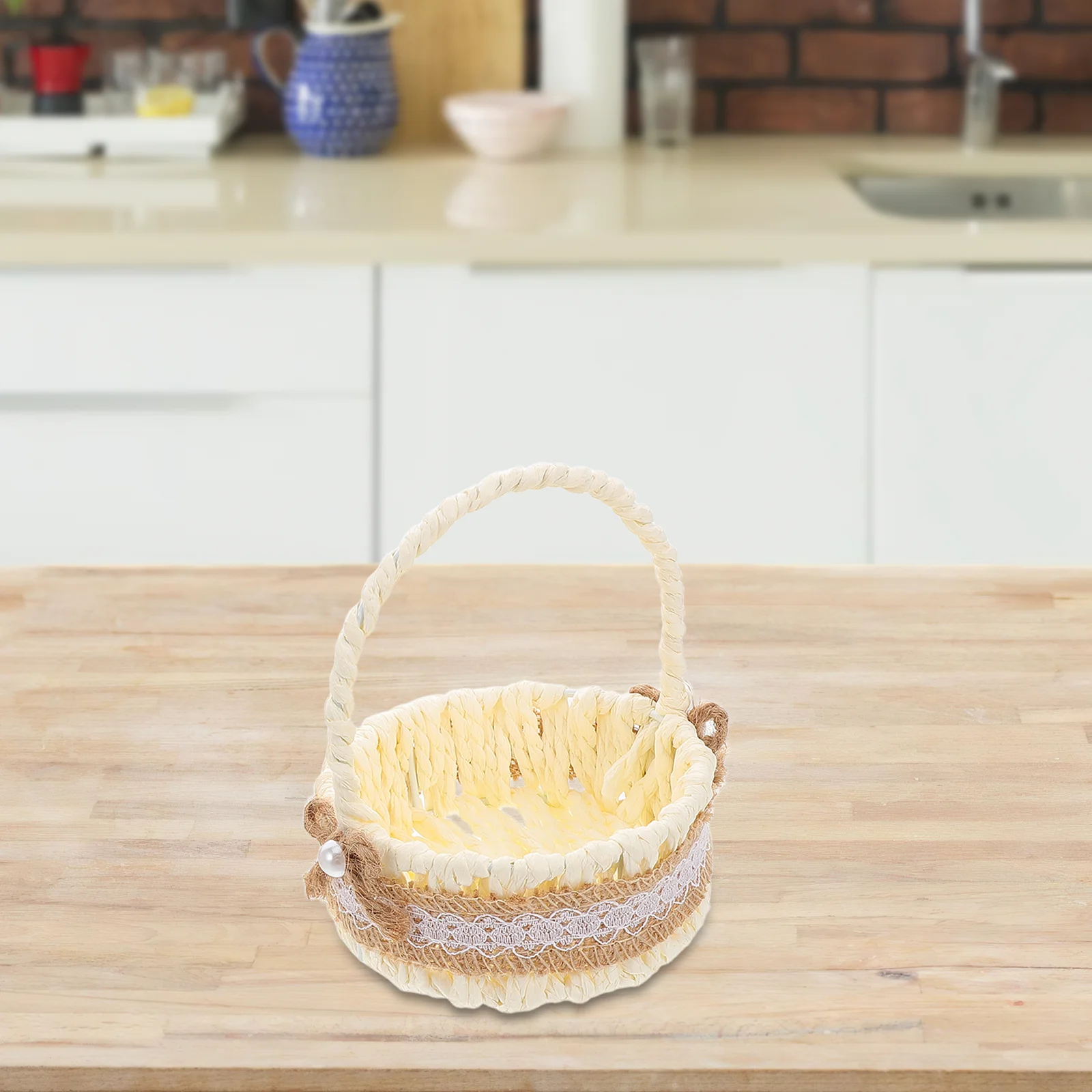 

2pcs Imitation Rattan Storage Baskets Handwoven Wicker Gathering Basket Portable Picnic Small Handle Vegetable Paper