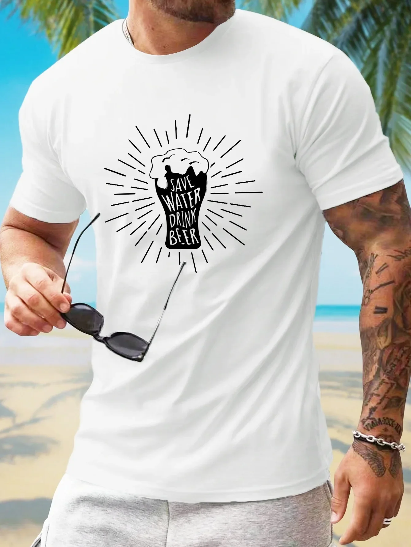Funny Save Water Drink Beer Graphic T‑Shirt Beer Mug Print Short Sleeve Crew Neck Casual Party Holiday Tee Shirts