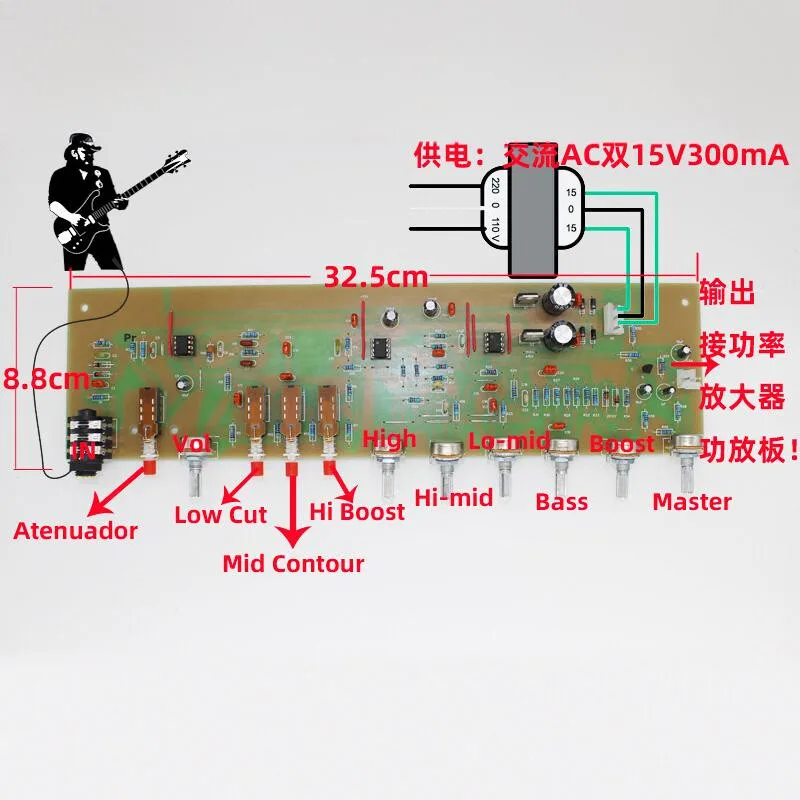 DIY Bass Guitar Preamp Board with Distortion and EQ Tone Control