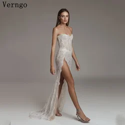 Verngo lvory Lace Wedding Dress Strapless Side Slit Sexy Bridal Gown Women Elegant Bride Dresses robe de mariée Customized