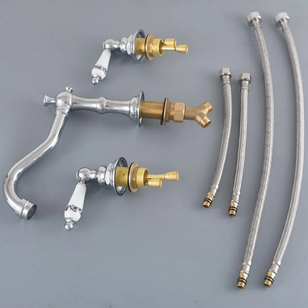 Polished Chrome Brass Deck Mounted Dual Handles Widespread Bathroom 3 Holes Basin Faucet Mixer Water Taps mnf974