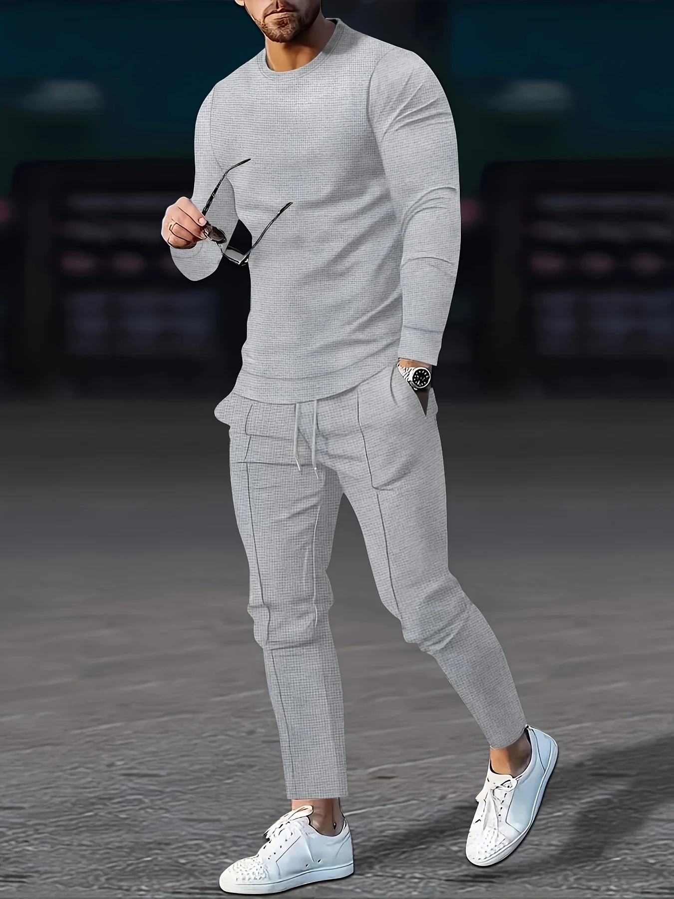 Waffle Pattern Men's 2Pcs Outfits Casual Crew Neck Long Sleeve Pullover Sweatshirt And Sweatpants Joggers Set For Spring Fall