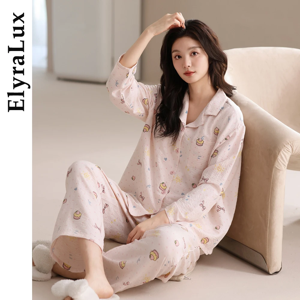 

ElyraLux милые женские пижамы с мультяшным принтом, весенне-осенняя одежда для сна, комплекты брюк с длинными рукавами, женская домашняя одежда, пижама