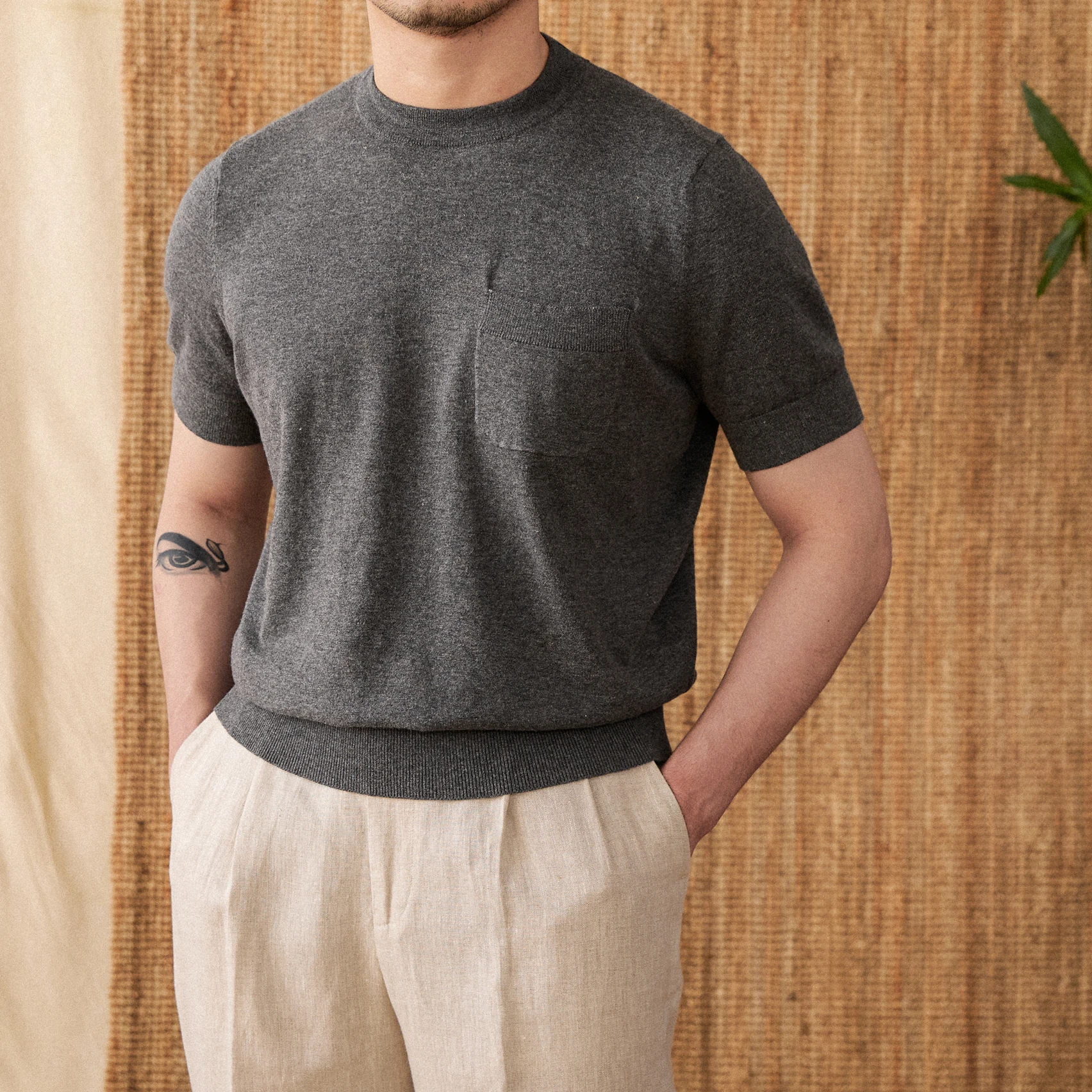 

Sanxian Business Cotton Linen Breathable Round Neck Short-sleeved T-shirt Summer Handsome Solid Color Knitted T-shirt Trendy Men