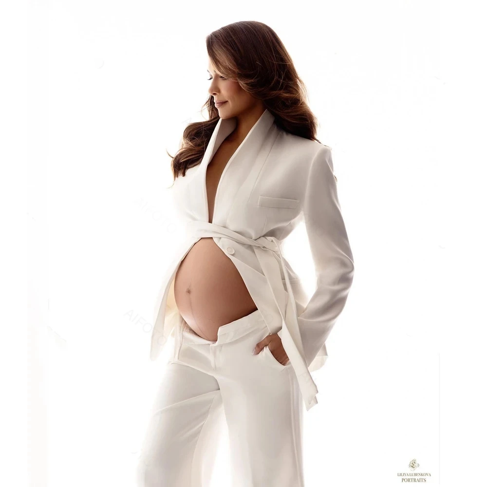 Maternity Photography Outfit White OL Suit Lace Up Long Sleeve Blazer Clothes Chic Chest Chain For Pregnant Women Photoshoot