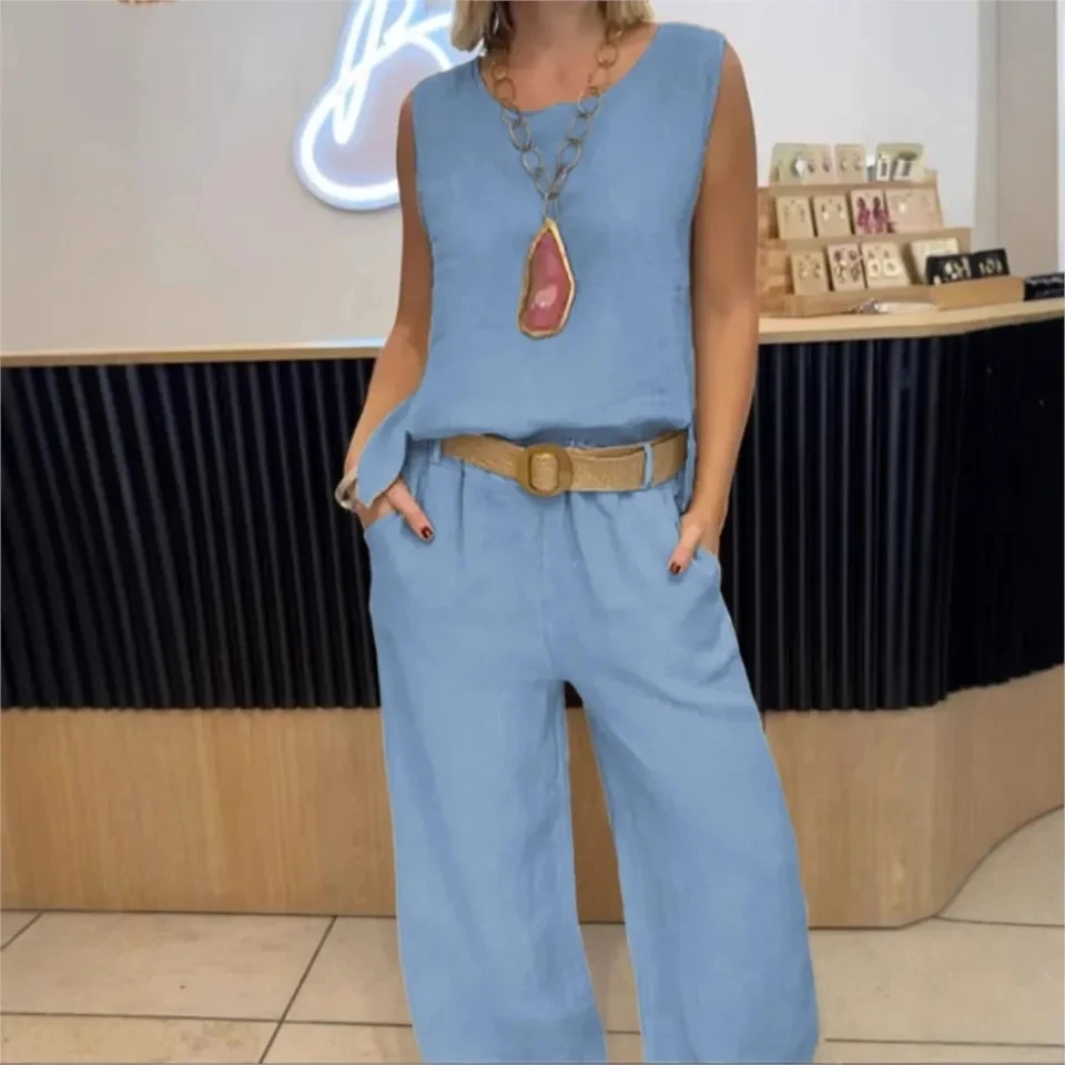 

Fashion Cotton Linen Sleeveless O Neck Women's T Shirt Pants 2 Piece Set Elegant Retro Casual Loose Wide Leg Pants Female Suit