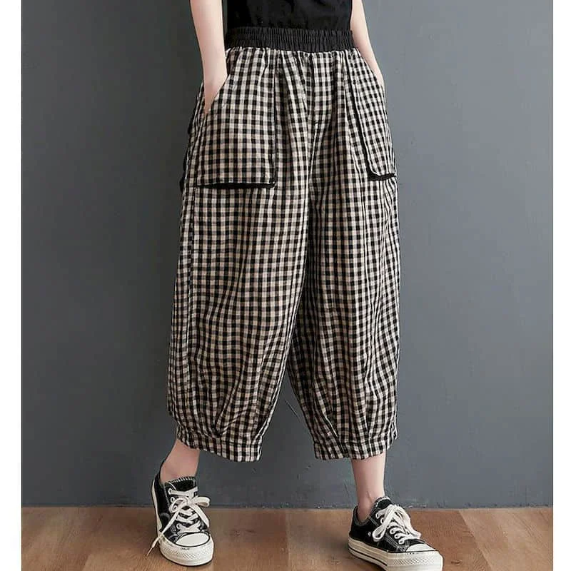 Cotton Linen Lantern Pants Women Summer Elastic Waist Loose Casual Women Korean Style Harajuku Vintage Trousers Women Clothing