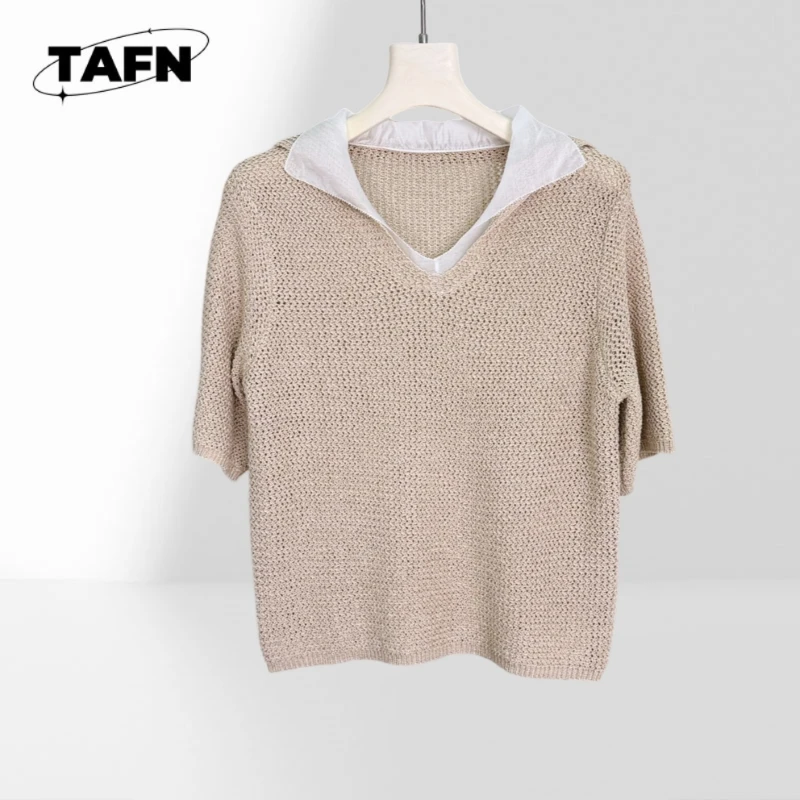 Rayon Women Fake Two‑Piece Knit Top Collared V‑Neck Short Sleeve Knitted Blouse Elegant Office Lady Summer Loose Casual  BG1755