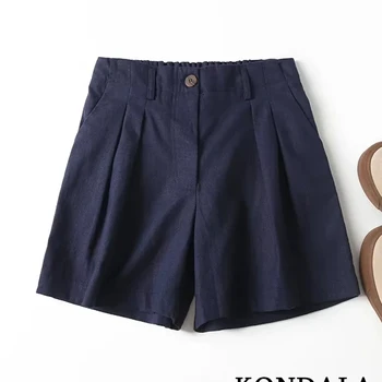 KONDALA 시크 솔리드 네이비 블루 캐주얼 베이직 올 매치 여성 반바지, 폴드 뉴 패션, 2023 여름 빈티지 루즈 와이드 레그 반바지