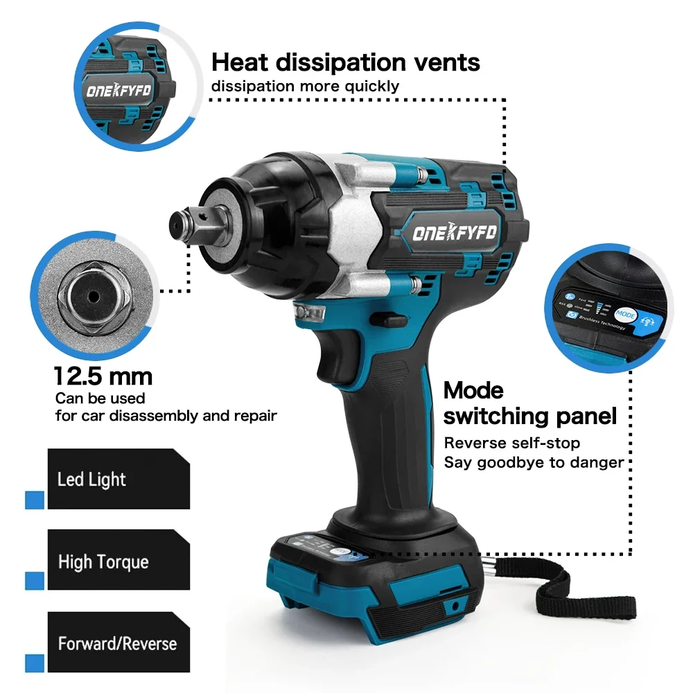 600N.M Brushless Cordless Electric Impact Wrench Rechargeable1/2\