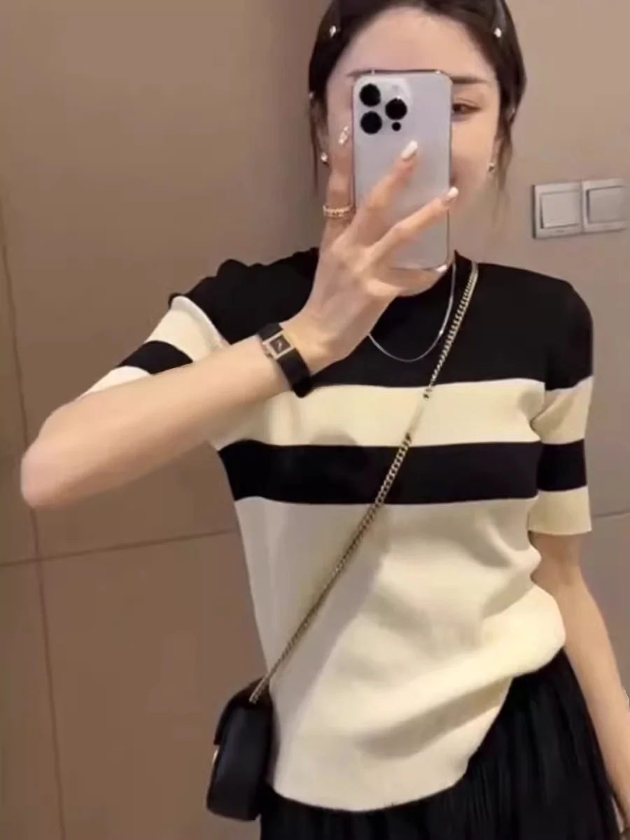 

Женская трикотажная футболка Rouje Renksy из ледяного шелка ort Sve в полоску с обычными плечами, летняя внутренняя одежда, круглый Sle для поездок на работу