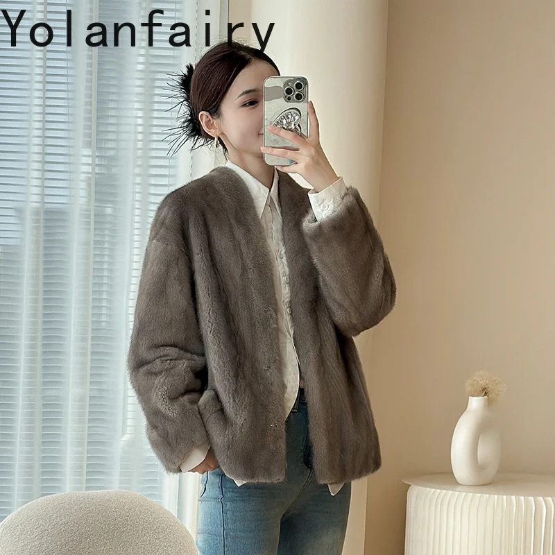 YOLANFAIRY Naturalny Płaszcz z Futra Damski Luksusowy 2025 Zimowy Prawdziwy Futro z Norek Całe Kobiety Odzież Modna Krótka Kurtka z Futra Odzież Wierzchnia