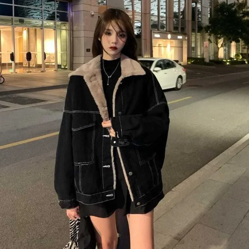 Korean Fashion Winter Women Coat Thick Warm Velvet Wool Casual Jacket Furry Padded Loose Cotton Padded Double Sided Lamb Outwear