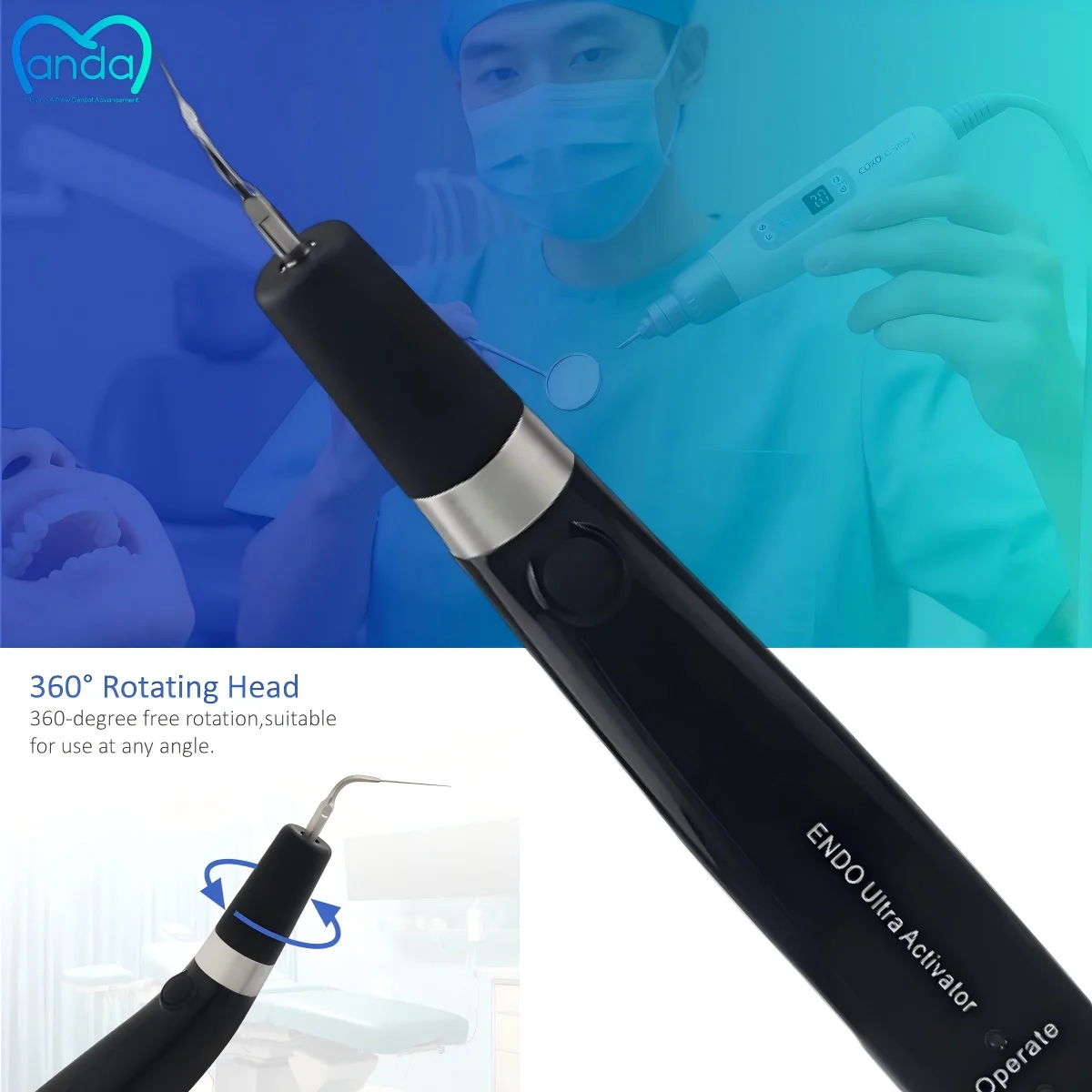 MANDA Cordless Ultrasonic Endo Activator Handpiece Anti-Retraction Valve 1500mAh Battery for Dental Root Canal Cleaning