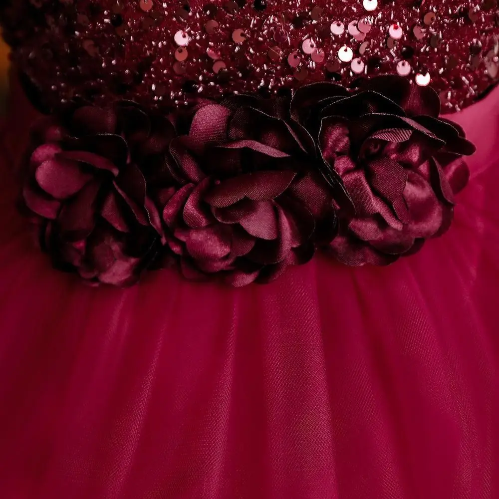 ノーブルパフスリーブガールズプリンセスイブニングドレスフラワーシャイニーグリッターサマーレースドレスボウノットスウィート子供用チュールドレスパーティー