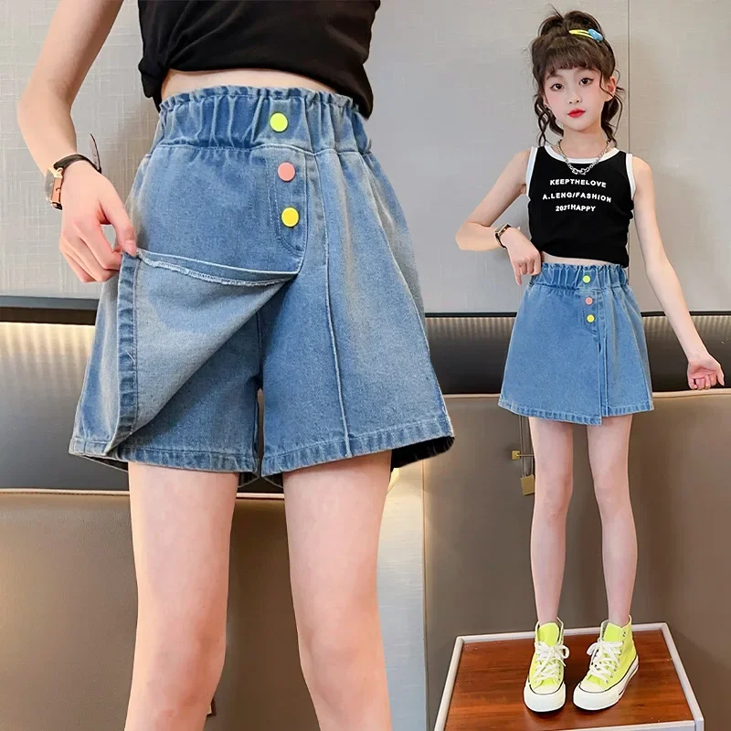 5-14 Years Summer Teenage Girls Jeans Colorful Button Design Style Denim Fabric Short  Pants For Kids Children Birthday Present