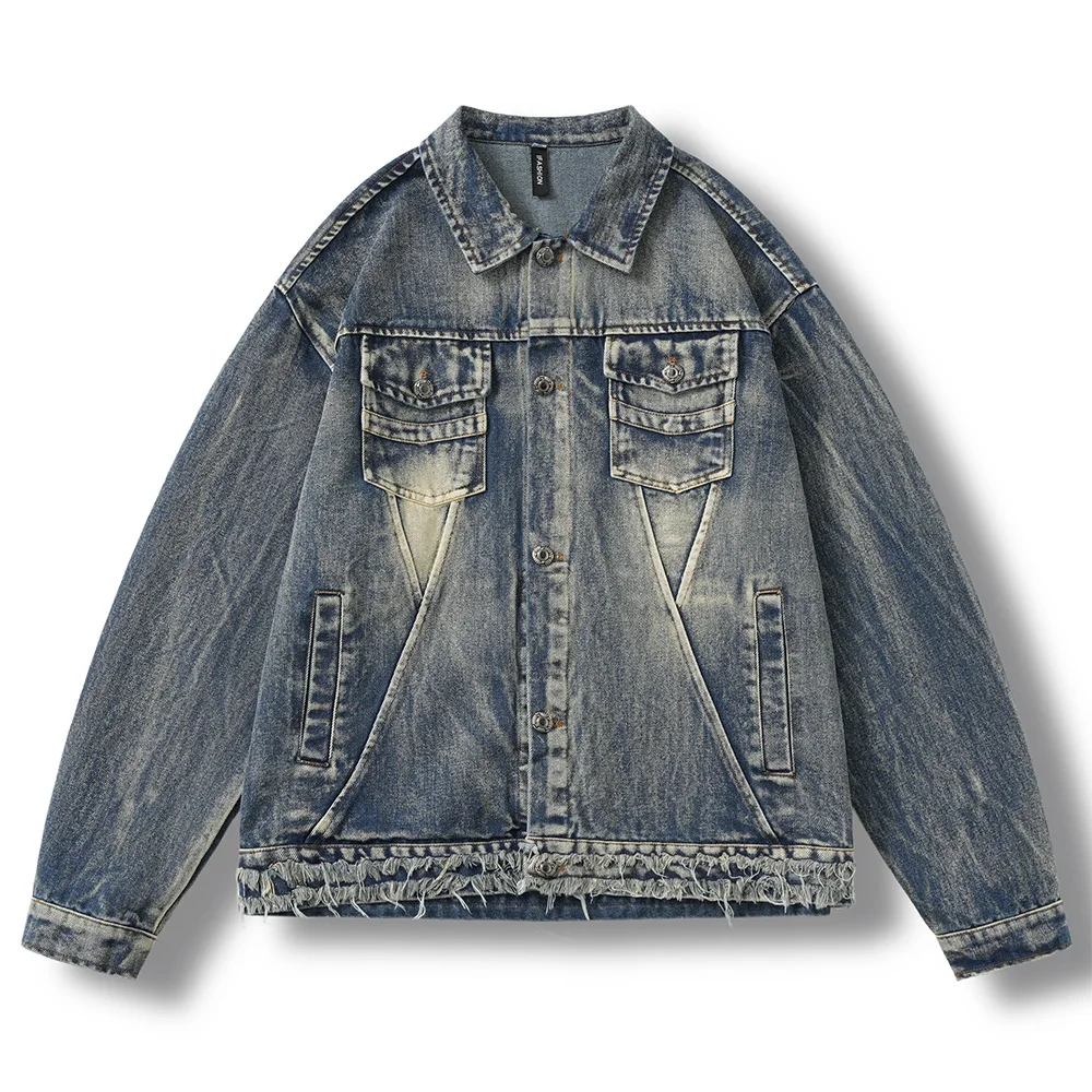 Men's Fringe Denim Jacket Loose Distressed Vintage Blue Cotton Coat Pockets Lapel Collar Long Sleeve Top Outerwear