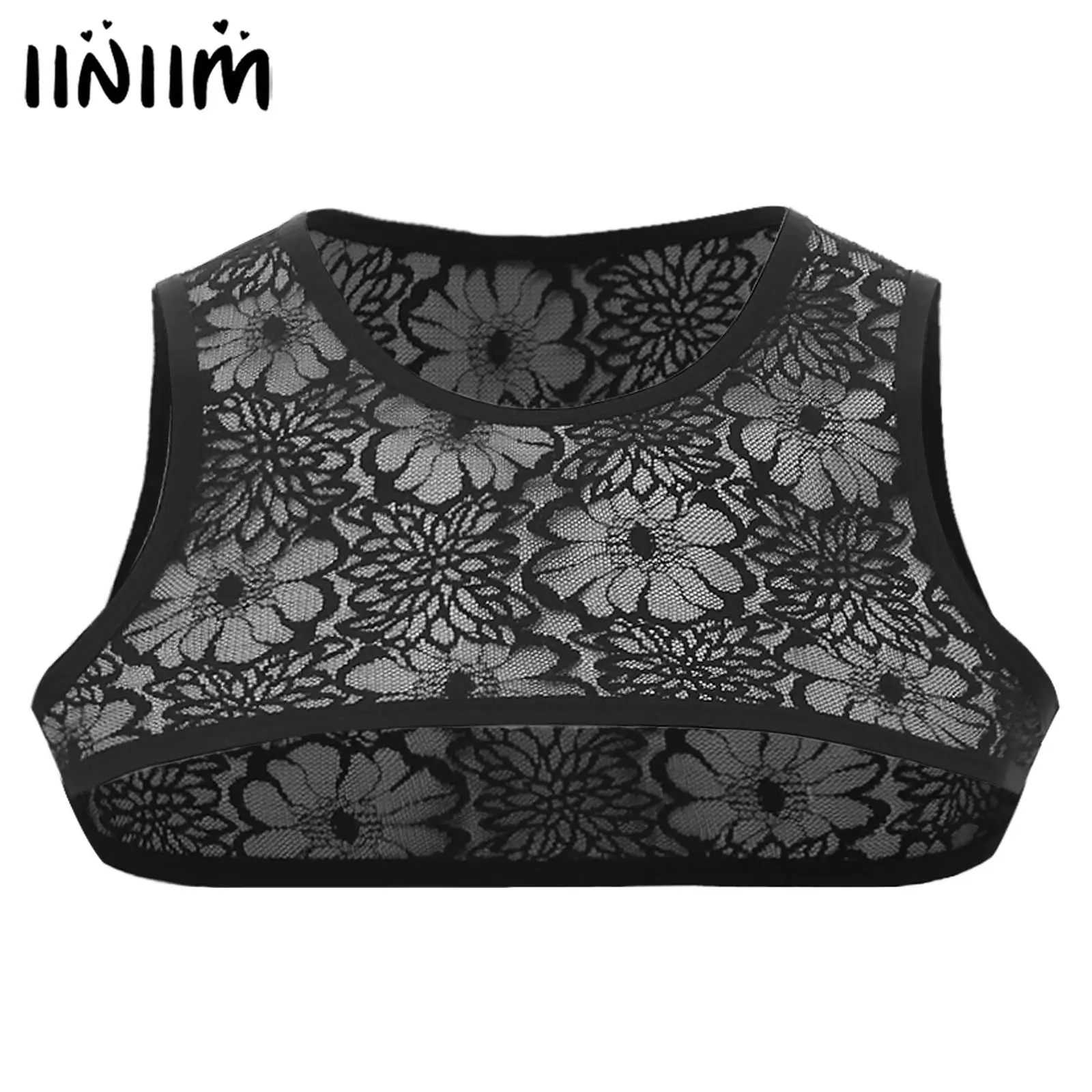 Mens Lingerie Lace Vest Round Neck Crop Vest Tank Top Transgender Sissy Crossdressing Role Play Prop Fancy Dress Party Club Wear