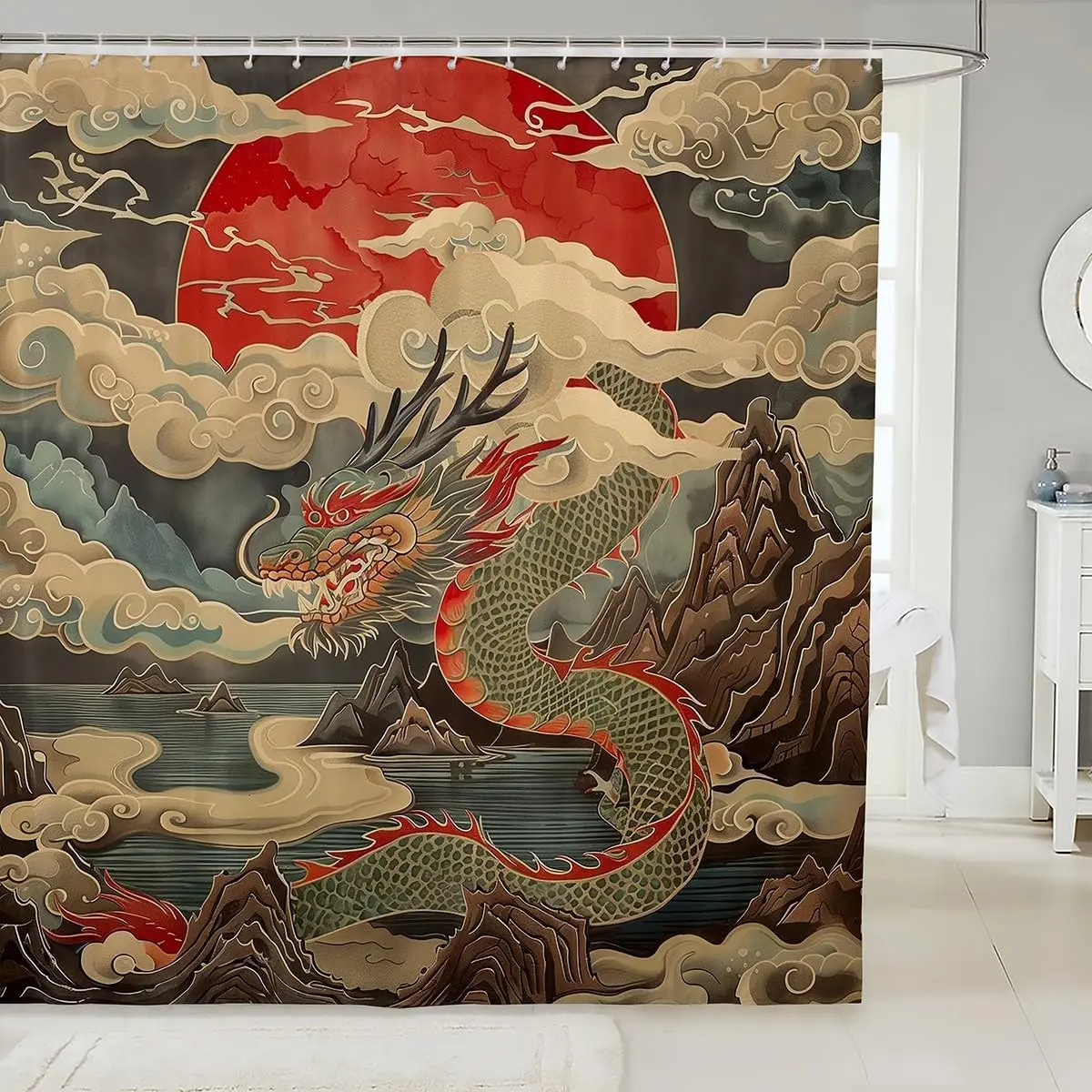 

Oriental Dragon Bath Curtain Japanese Style Shower Curtain, Mountain Sea Ocean Waterproof Curtain Sun Printed Shower ssories