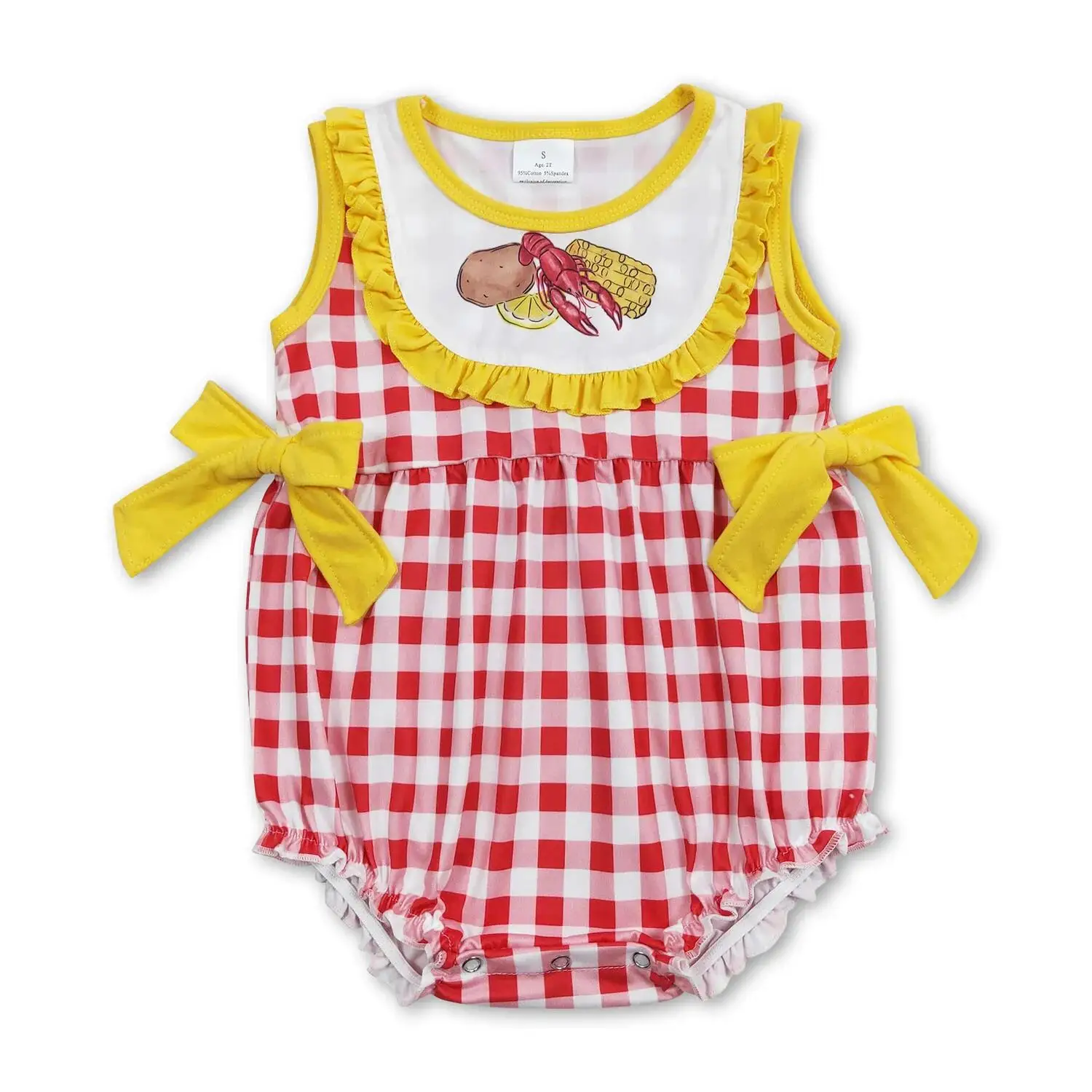 

Baby Infant Girls Sleeveless Plaid Romper Red Checkered Corn Potato Crawfish Design Comfortable Soft Fabric Baby Girls Outfit