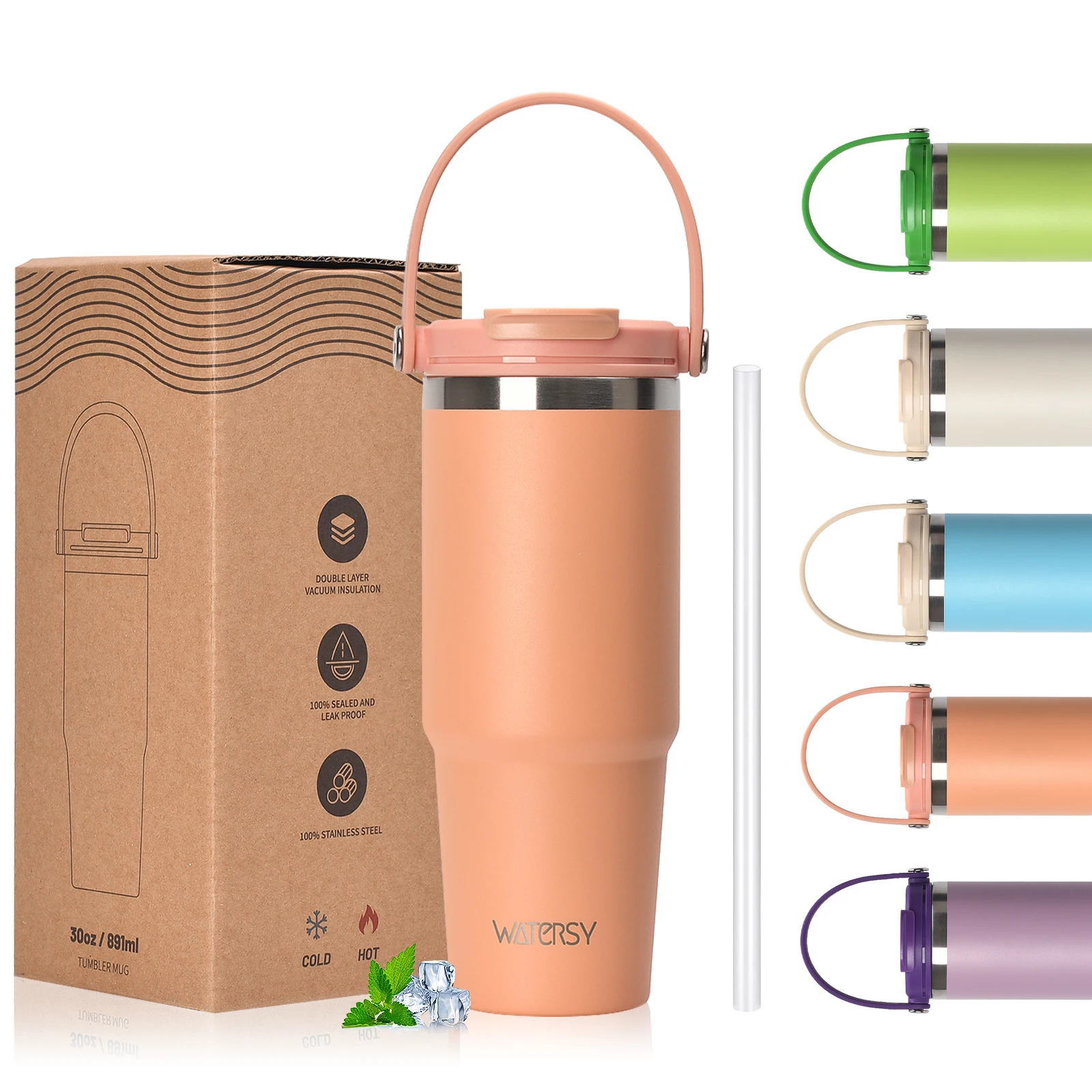 

WATERSY 20/30/35oz Stainless Steel Thermal Cup Large Capacity Tumbler for Coffee Double Vacuum Insulated with Handle and Straw