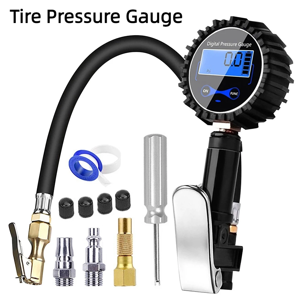 Universal Inflation Monitoring Manometer Air Line Clip-on Tyre Pump Aluminum Alloy Tire Pressure Inflator Gauge LCD Digital