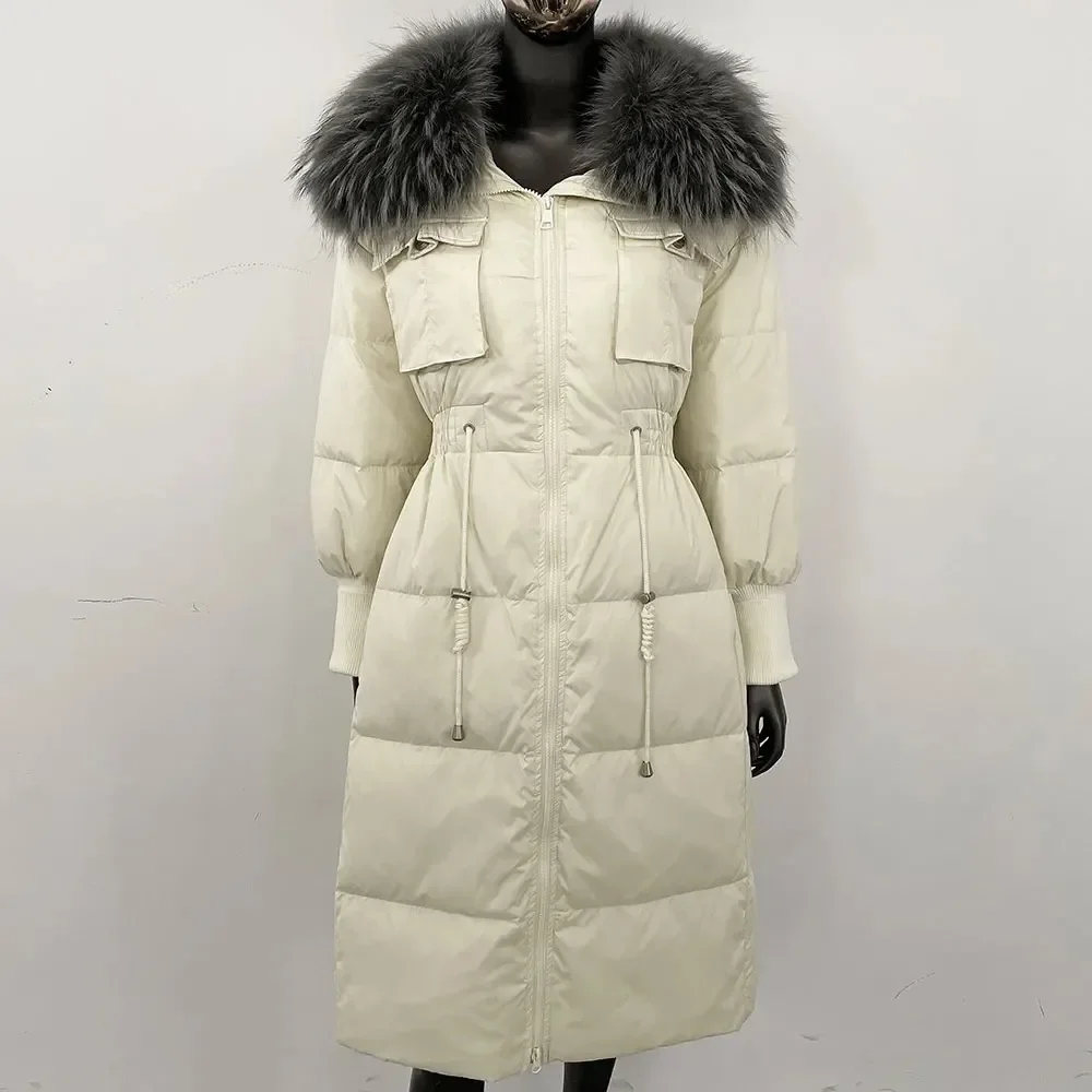 2025 الأبيض بطة أسفل معطف سيدة ريال فوكس الفراء طوق شتاء دافئ جديد معطف الفرو الطبيعي المرأة سليم صالح فوق الركبة سترة منفوخة #3
