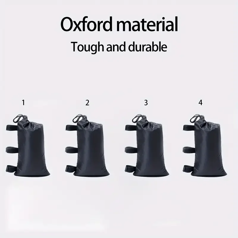 4-Pack of Black Weight Bags Measuring 1 Foot X 0.55 Feet, Suitable for Outdoor Tents or Sunshade Stands or Other Products That Need to Be Secured, Lightweight and Easy to Carry, Can Also Be Hung on a Tarp for Weight Distribution.