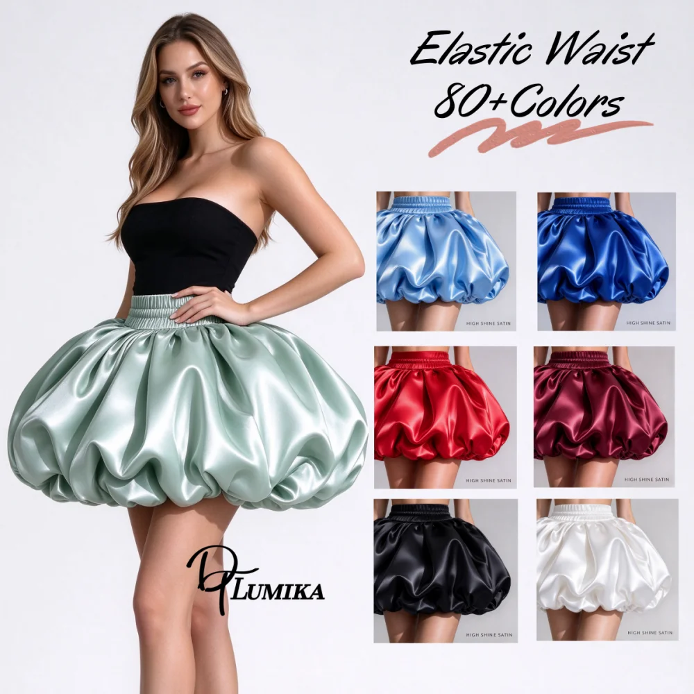 Women Glossy Satin Bubble Mini Skirt Elastic Waist Puffy Balloon Skirt for Birthday Photoshoot Cocktail Club Night Out Custom