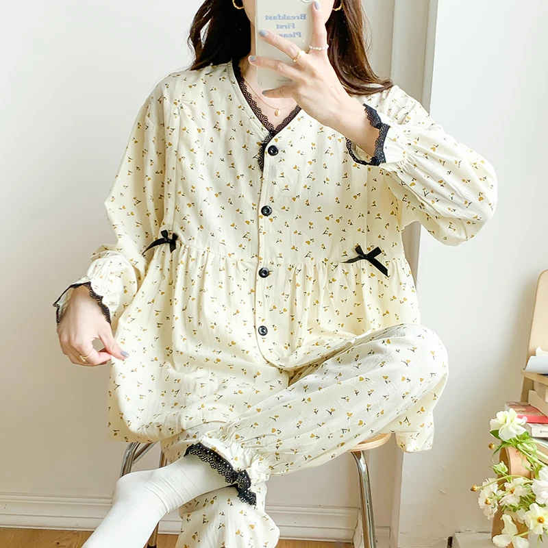 

100% Gauze Thin Printed Cotton Maternity Nursing Sleepwear Sets Sweet Loose Pajamas Pregnancy Home Wear Nightwear for Hospital