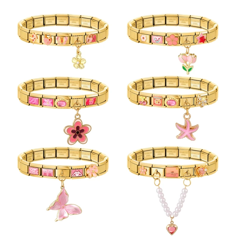 Pink Flower Cherry Pendant Golden Italian Charm Elastic Fit 9mm Bracelet High Quality Women DIY Jewelry Birthday Gifts Wholesale