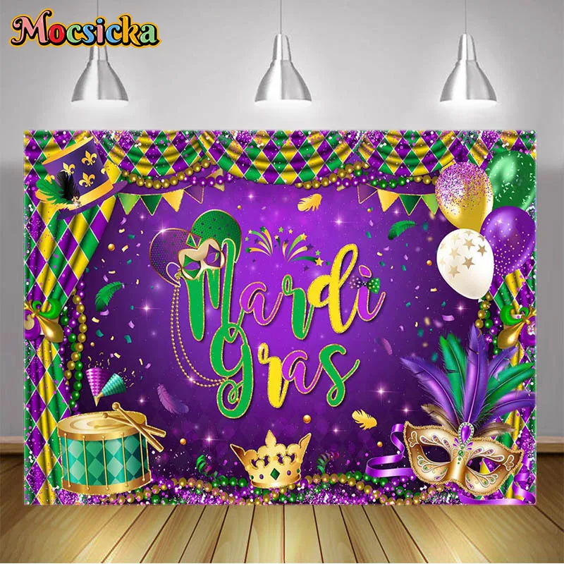 

Mocsicka Mexico Mardi Gras Party Backdrop Masks Shelf drum Shiny Masquerade Purple-Carnival Birthday Decor Photobooth Background