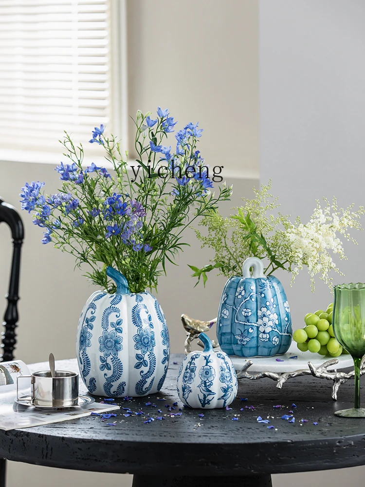 

LSL Ceramic Hand-painted Blue Pumpkin Living Room Entrance Decoration Desktop Vase Creative Ornament