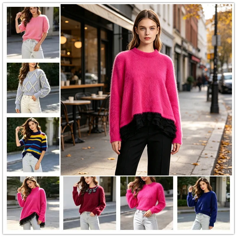 Ladies Women Autumn Winter Clothing Colored Hairy Angora Rabbit Hair Knitted O-Neck Long Sleeves Loose Pullover Sweater Jumper
