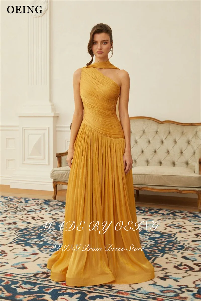 Oeing simples a linha vestidos de noite dourados um ombro sem mangas plissados vestido formal drapeado maxi vestidos de gala personalizados