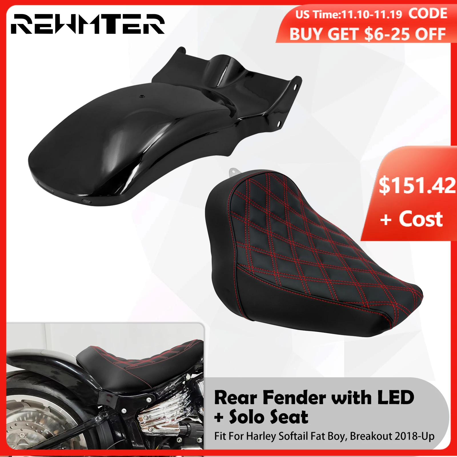 

Motorcycle Rear Fender Mudguard Cover With Turn Signal LED Light Driver Solo Seat For Harley Softail Breakout Fat Boy 2018-2023