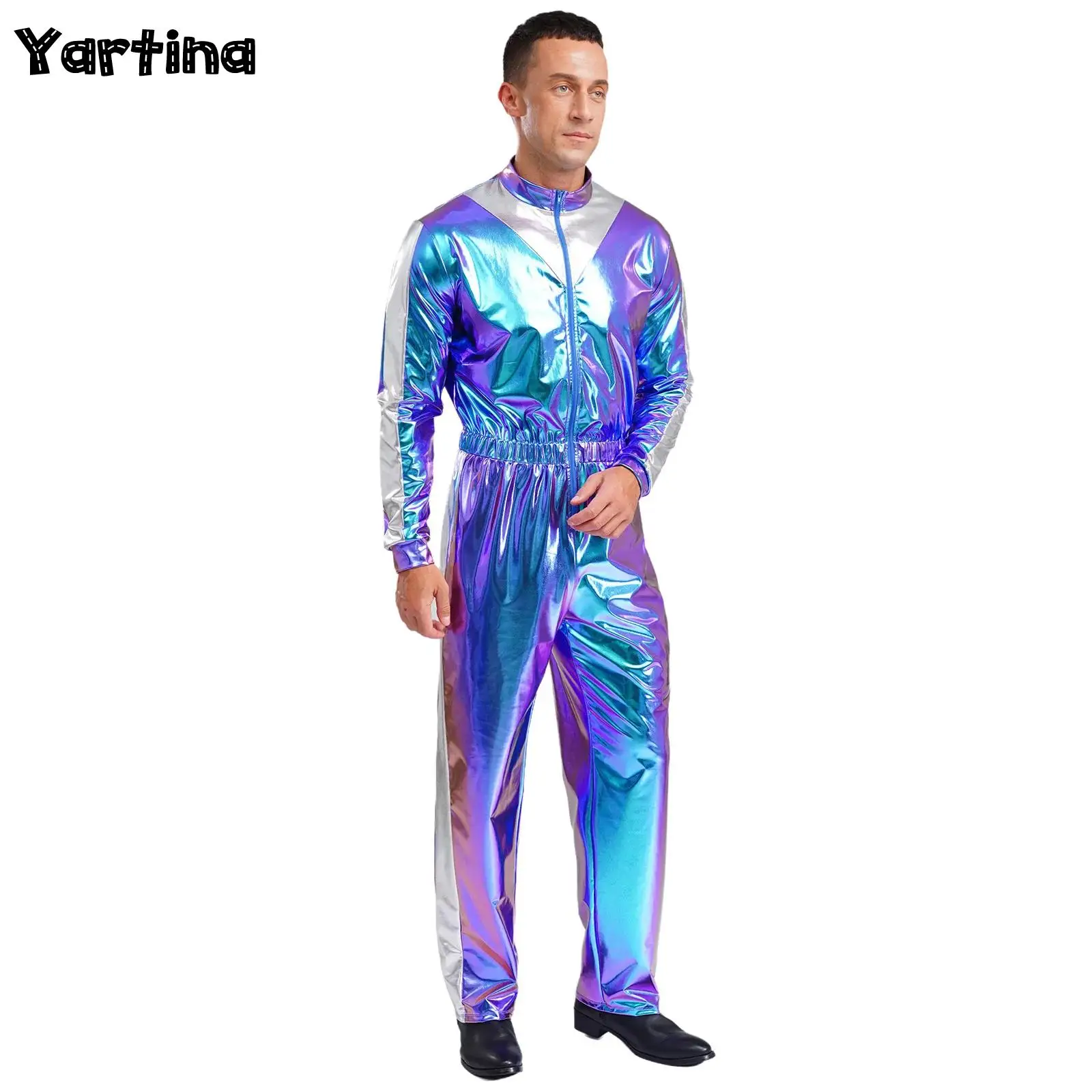

Mens Sparkly Shiny Astronaut Jumpsuit Alien Outer Space Cosplay Costume Long Sleeves Elastic Waist Full Bodysuit Party Club Wear
