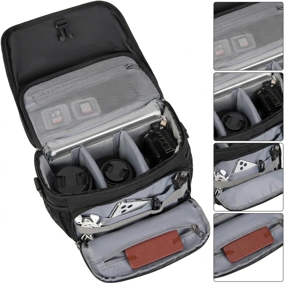 Compact Black DSLR Camera Bag 25x16x20cm Polyester Storage Case With Multiple Compartments For Lens Protection Outdoor Travel