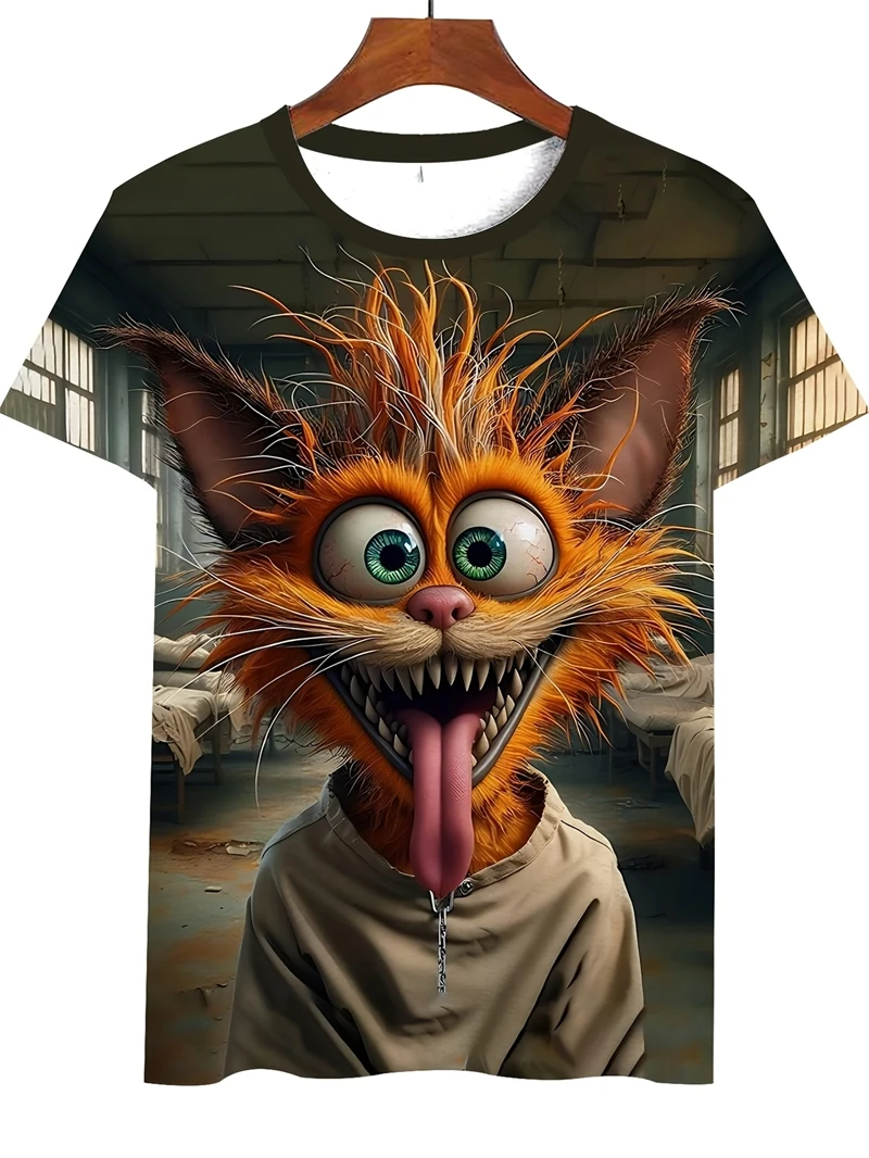 مضحك القط نمط تي شيرت للرجال شخصية الحيوان ثلاثية الأبعاد مطبوعة تي شيرت الصيف فضفاضة قصيرة الأكمام بلايز عادية الجولة الرقبة تيز