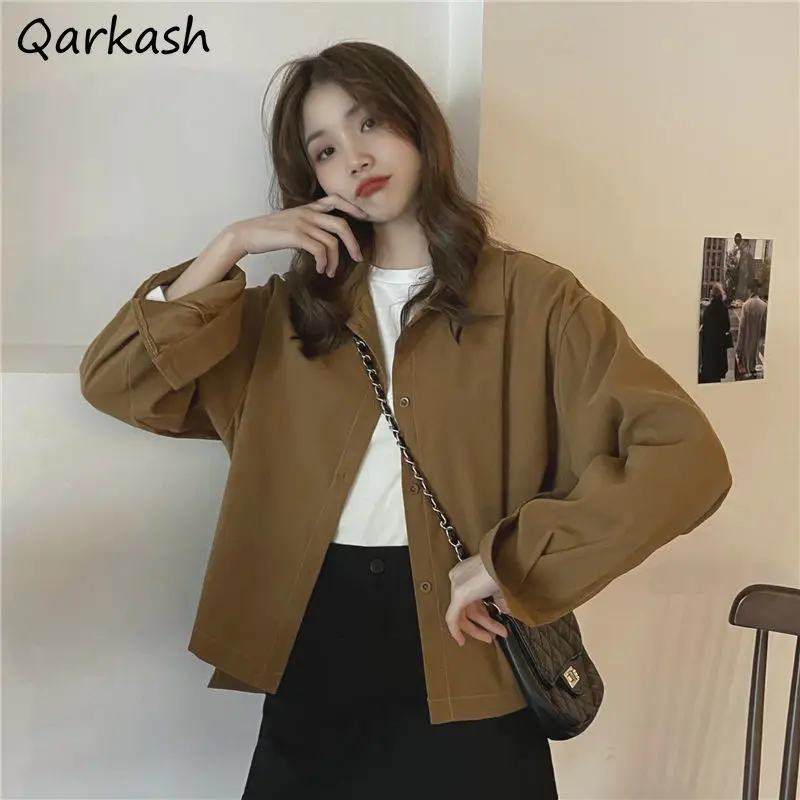 

Shirts Women Ulzzang Lapel Loose Basic Tops Literary Boyfriend Autumn Leisure Sweet Solid New Arrival Popular Harajuku Street