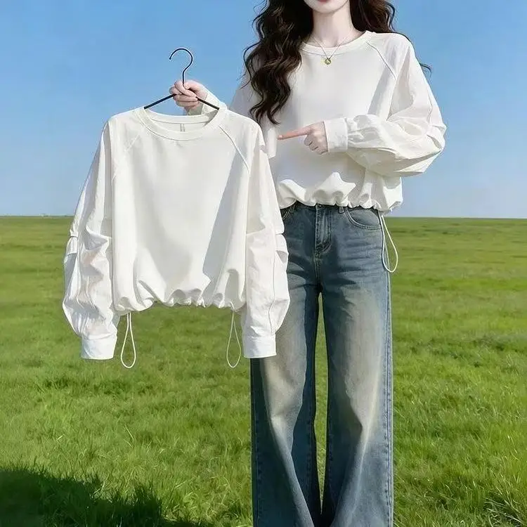 Korean Trendy Pure Cotton Sweatshirt Women 2026 Spring Loose Fit Round Neck Designer Casual Pullover