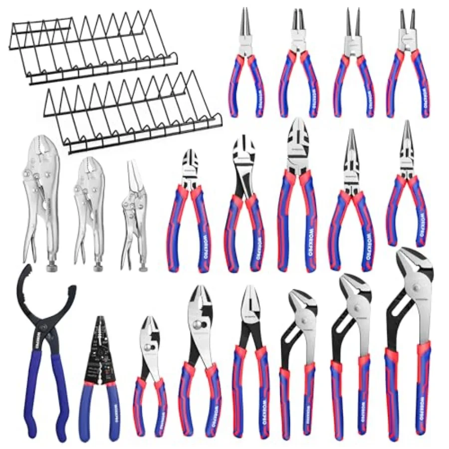 

Pliers Set, 20 Pieces Pliers Tool Set with 2 Packs Organizer Rack, Slip Joint Pliers, Channel Locks Plier and Vise Grip Plier A