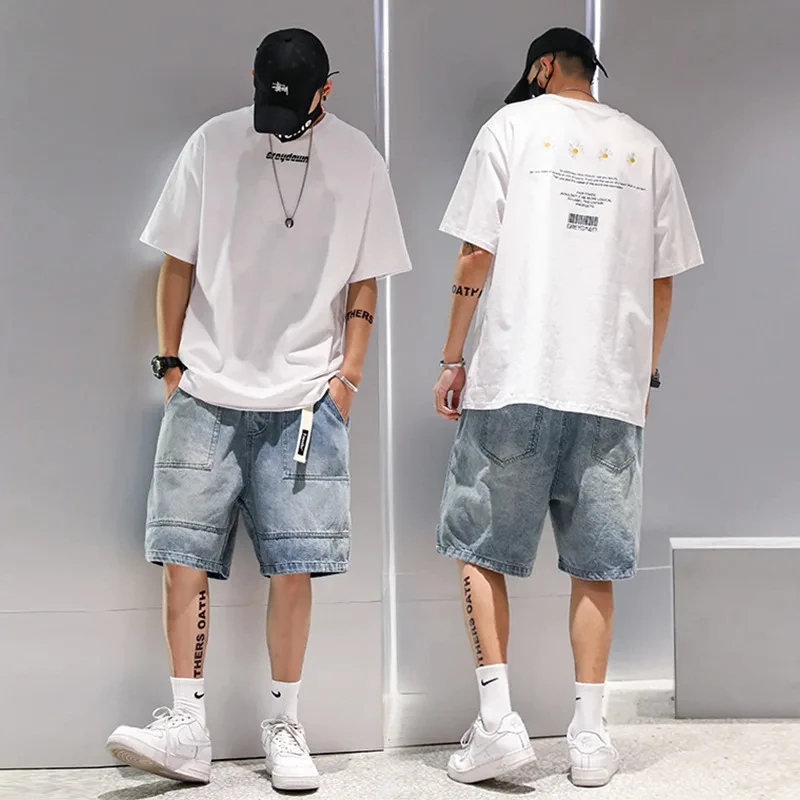 Fashion Casual Denim Shorts Men\'s Trend Ins Youth Pop Summer Wear Japanese Gothic Hip Hop Loose Casual Cargo Five Quarter Pants