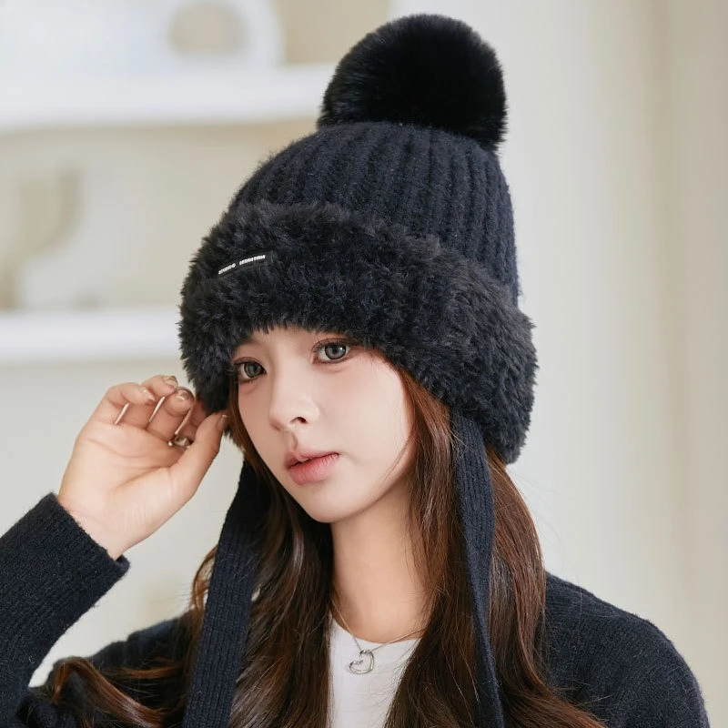 Winter New Velvet Thickened Fur Collar Tether Wind and Snow Knitted Hat Big Head Circumference Outdoor Versatile Warm Wool Hat