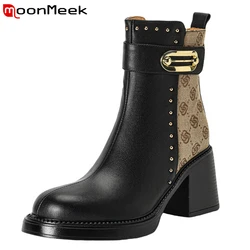 MoonMeek Brand Desgin Genuine Leather Boots Women Zipper Square High Heels Platform Ankle Boots Ladies Luxury Shoes