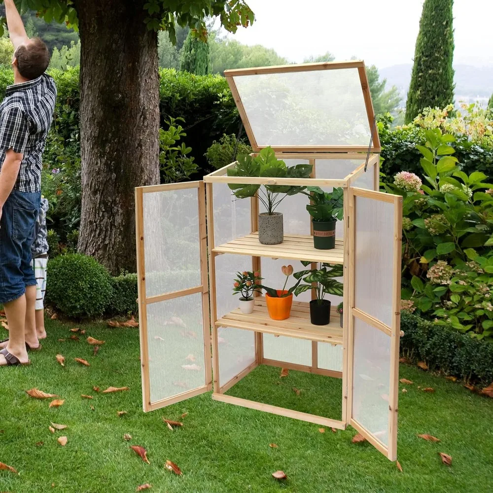 

Three-tiered Cedar Wood Greenhouse, 27 X 19 X 47 Inches, Adjustable Roof with Heavy-duty Support Poles and Ventilated Base