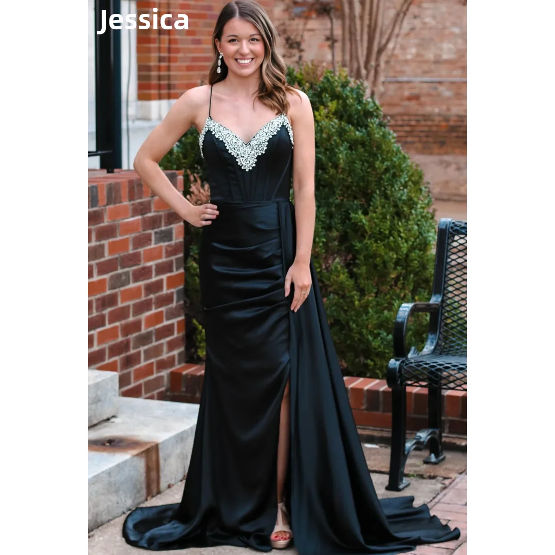 Jessica Luxury Beaded Glitter Prom Dresses Black Anti-silk Satin Mermaid Evening Dresses Corset Side Slit Cocktail Dresses