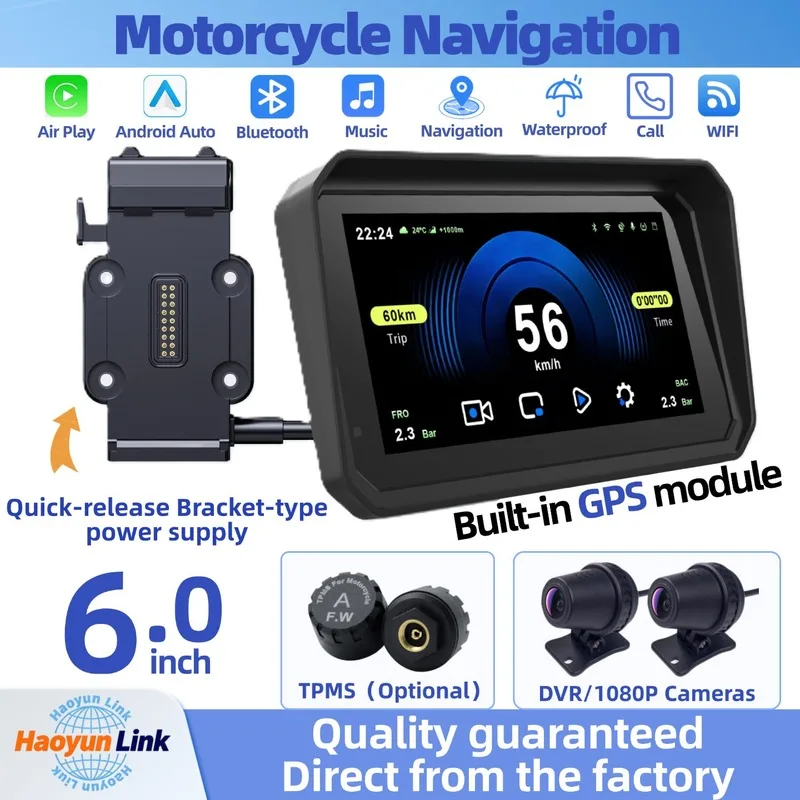 【6.0】Motorcycle CarPlay navigation with DVR, built-in GPS, quick-release mount