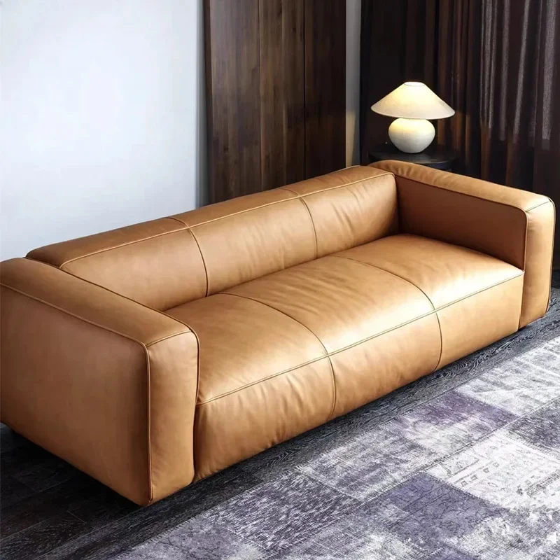 Italian minimalist oil wax leather sofa, living room caramel color straight row sofa