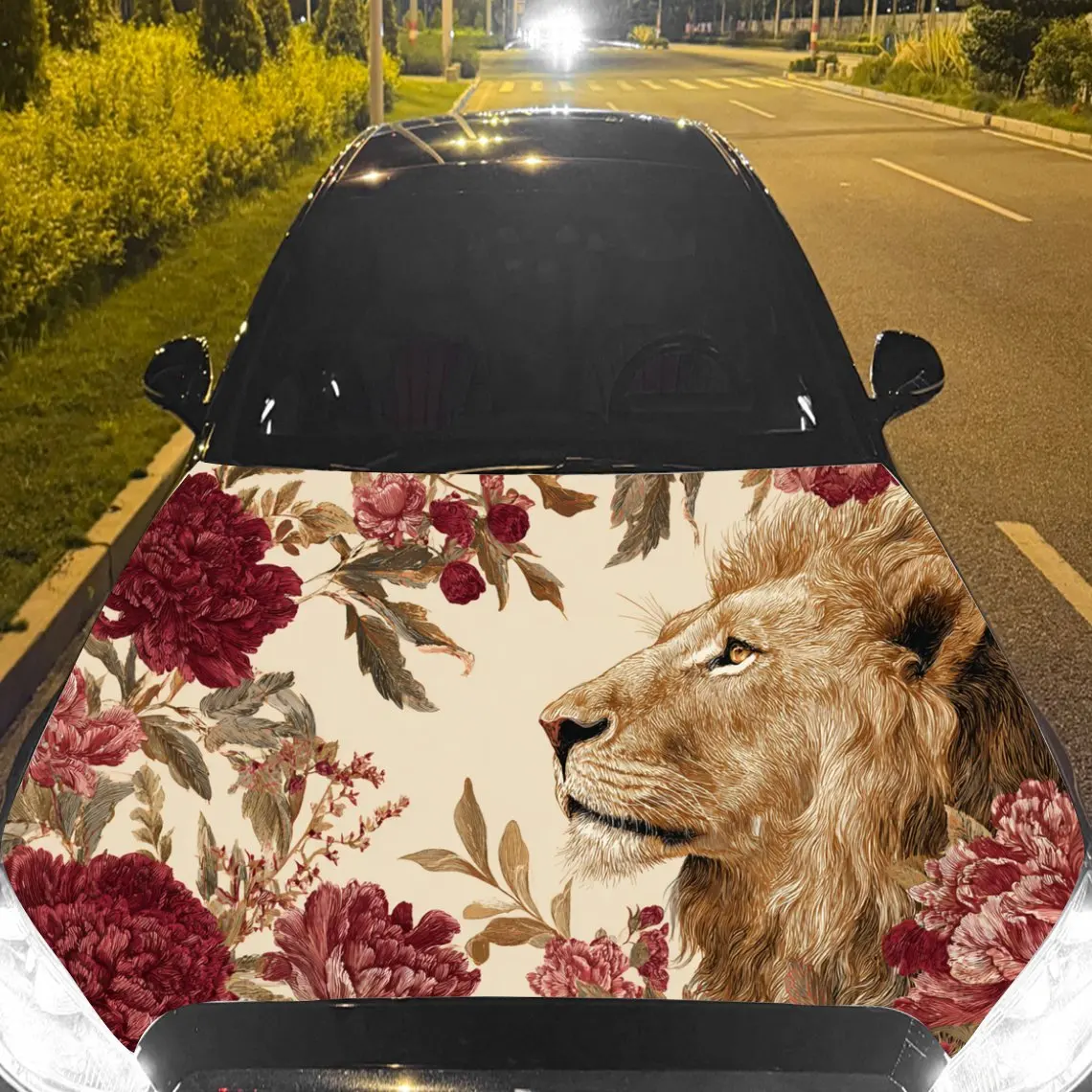 Car Decal Lion Amid Red Floral Background & Artistic, Regal-Whimsical Visual Details Car Hood Sticker, Waterproof Self - Adhesiv